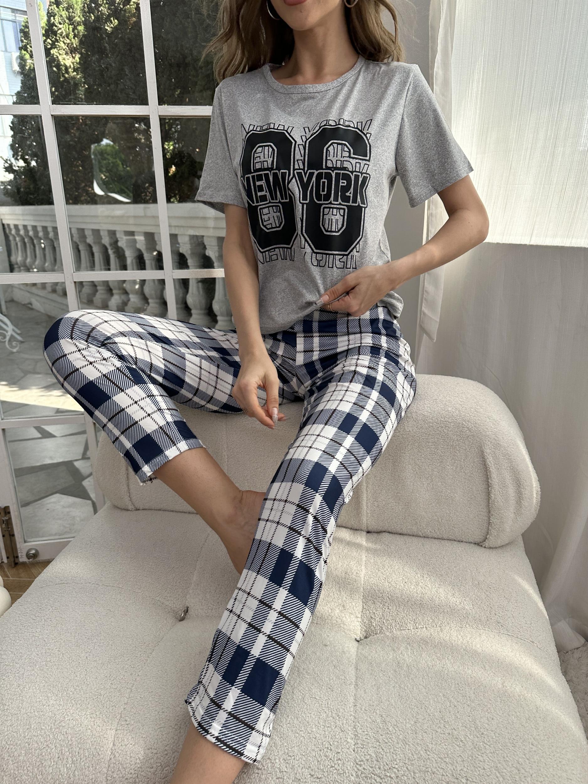 Pattern Pajama Set Short Sleeve Top & Check Print Long Pants Women's Loungewear