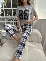 Pattern Pajama Set Short Sleeve Top & Check Print Long Pants Women's Loungewear