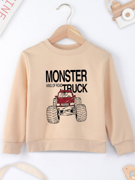 Boys Monster Truck Print Sweatshirt Long Sleeve Crew Neck Top
