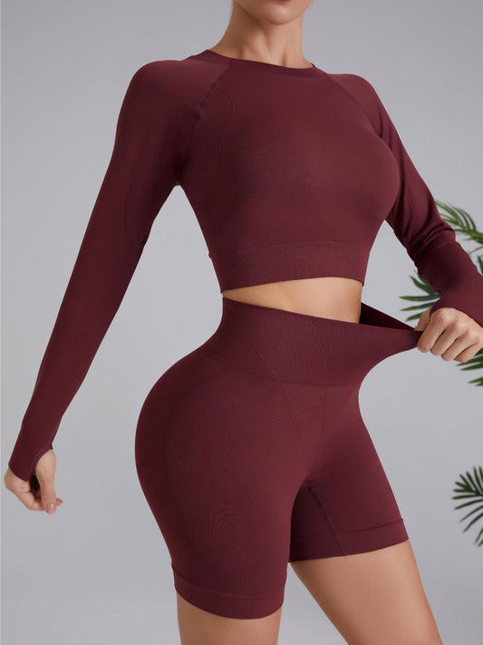 Yoga Sports Sets Long Sleeve Top & High Waist Shorts Women's Activewear