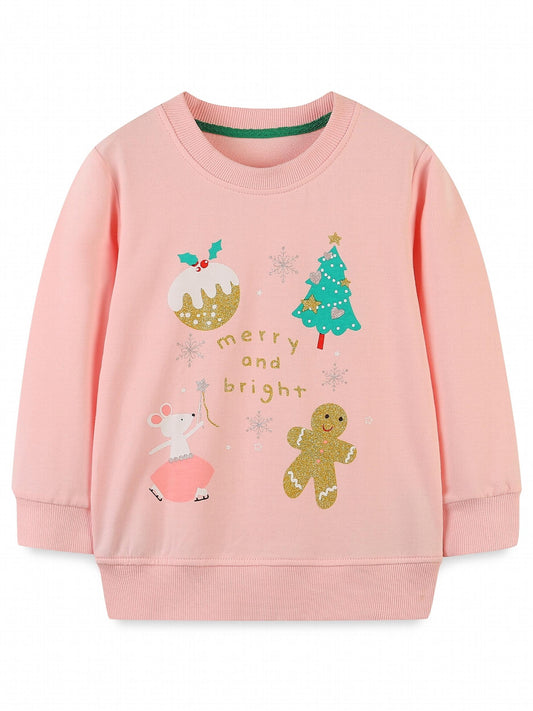 Girls Christmas Cartoon Graphic Crew Neck Pullover