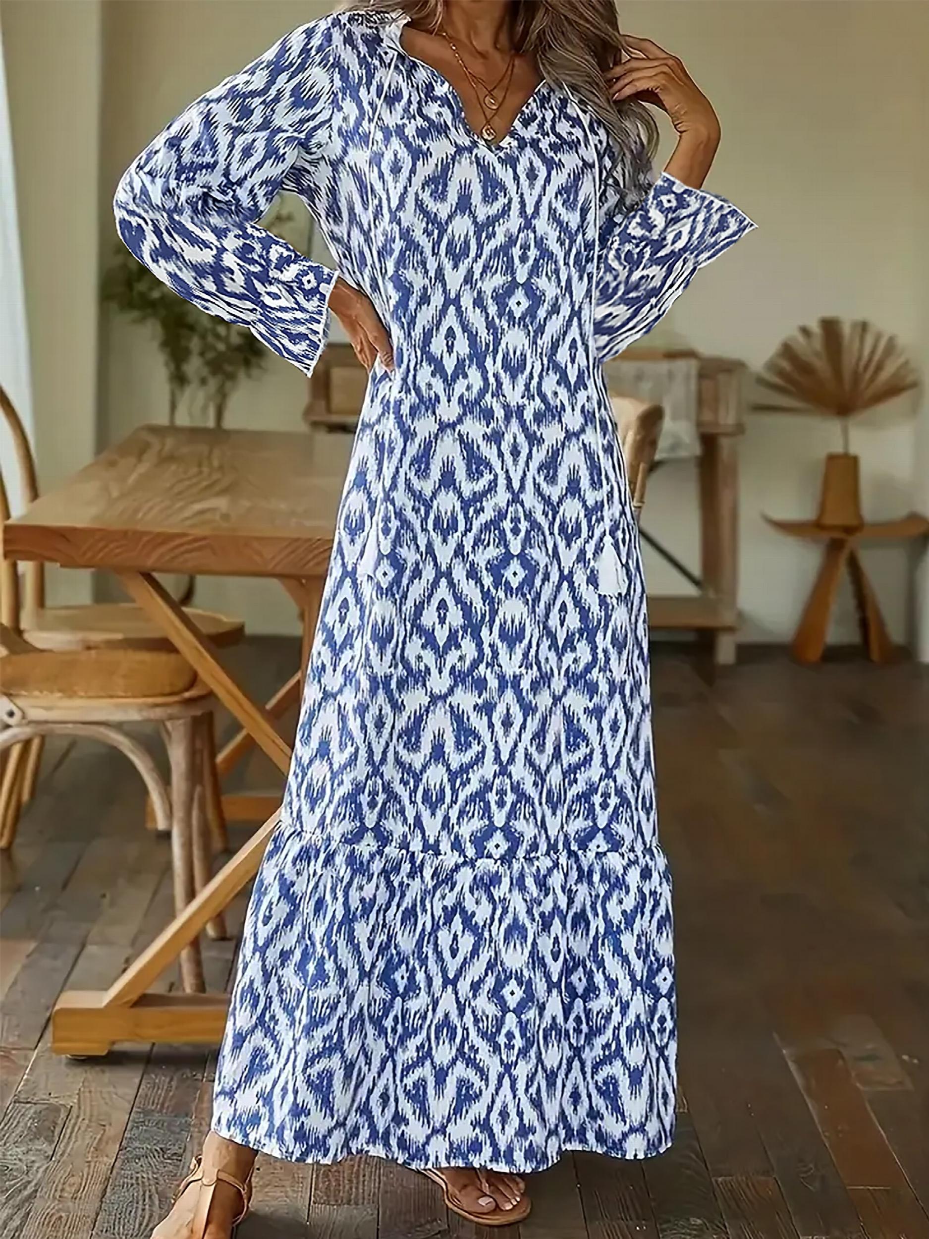  Boho Maxi Dress V Neck Ruffle Trim Pleated