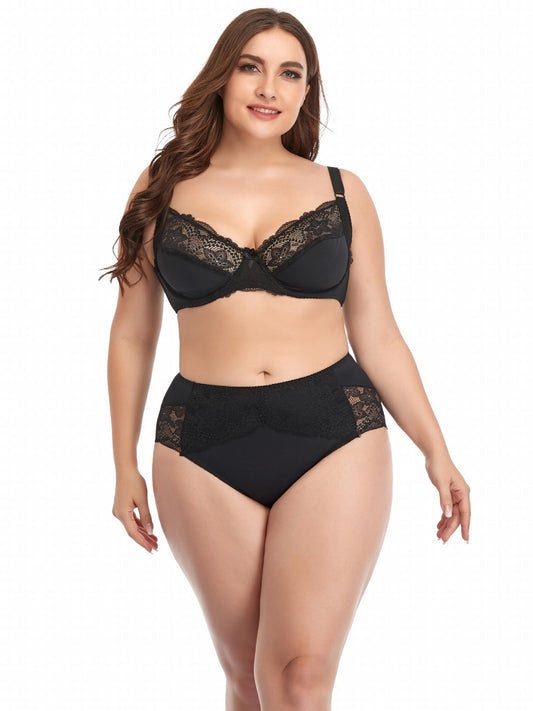  Contrast Lace Solid Lingerie Set Women's Plus Medium Stretch