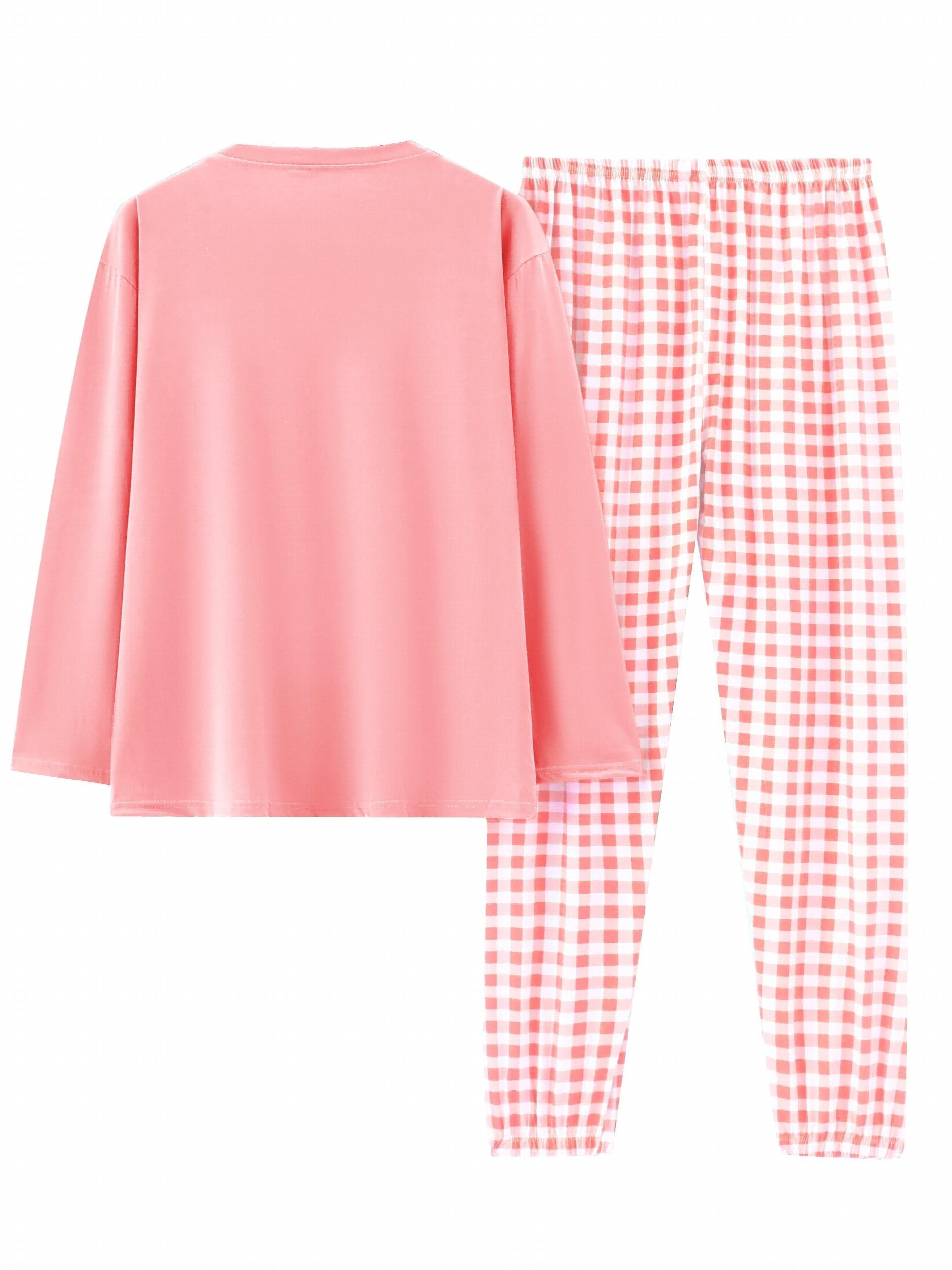  Casual Pajamas Set Long Sleeve Tee & Plaid Pants Loungewear 2pcs