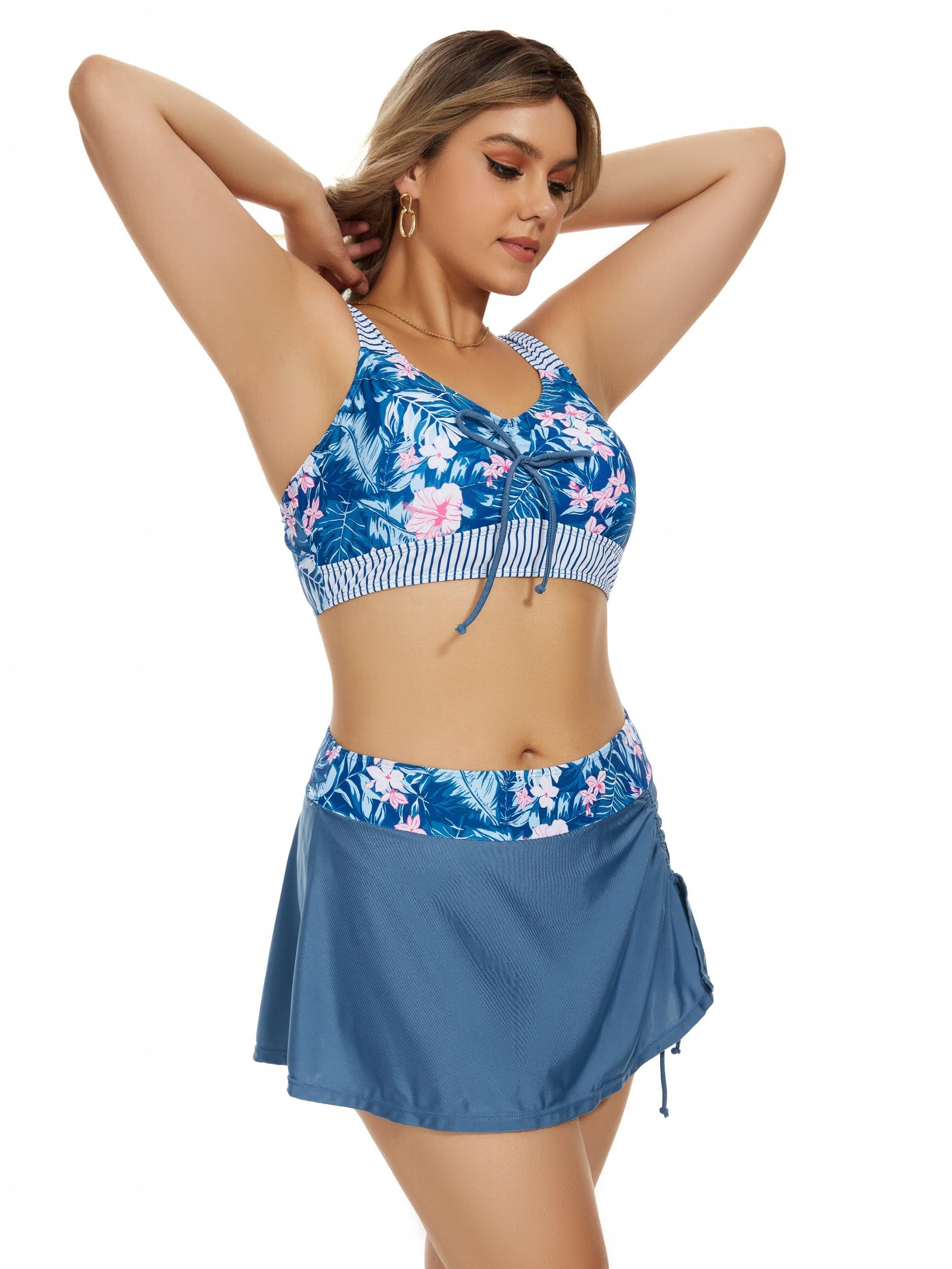  Boho Tankini Set Women's Plus Tie Front Tank Top & Lace Up Mini Skirt