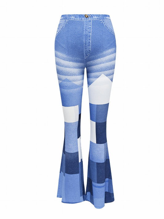 Denim Print Flare Block Yoga Pants High Waist Activewear Leggings