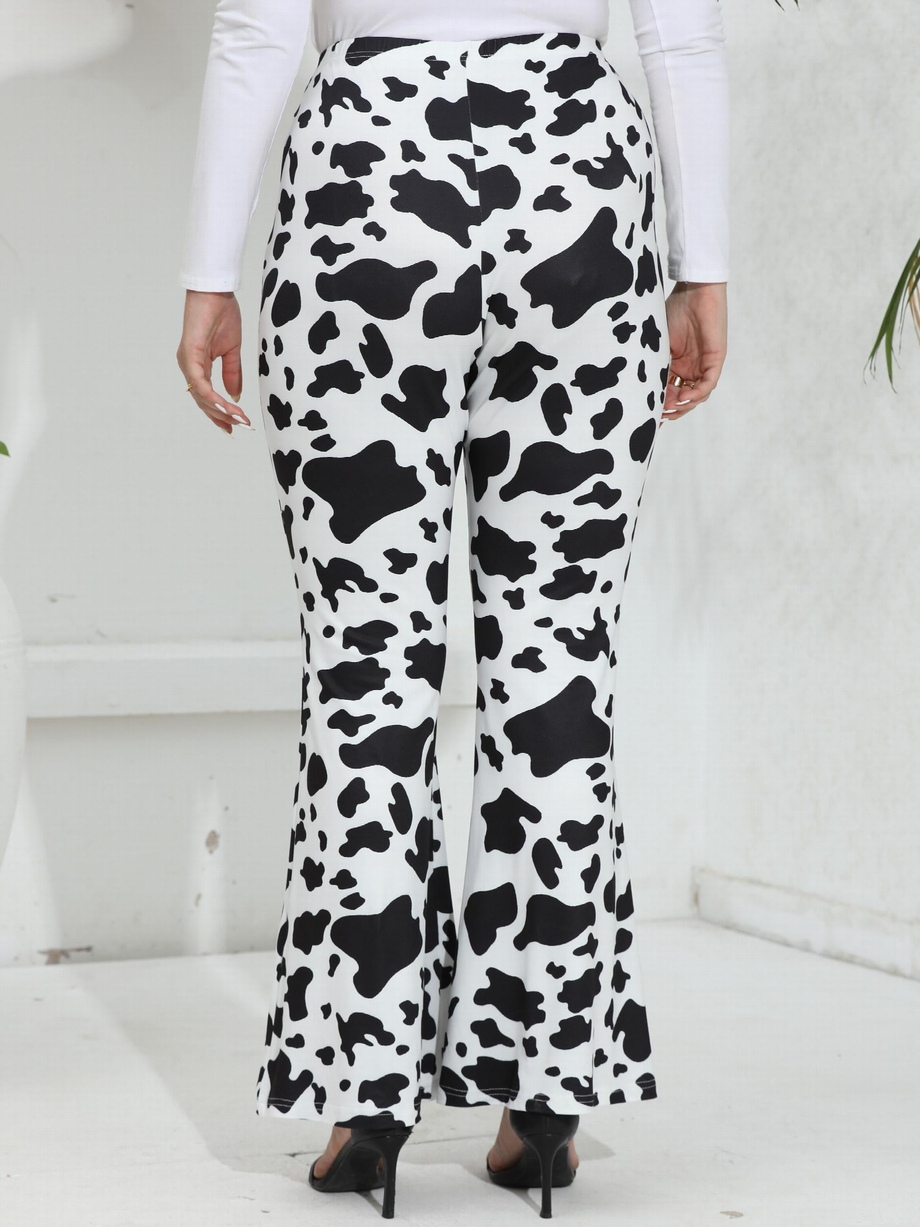  Women's Cow Print Flared Leg High Rise Trousers
