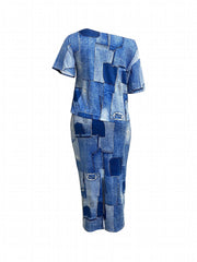  Denim Print One Shoulder Top & Skirt Set