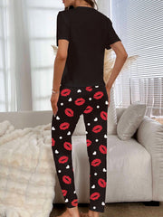 Lips Print Pajama Set Short Sleeve Top & Elastic Waistband Pants