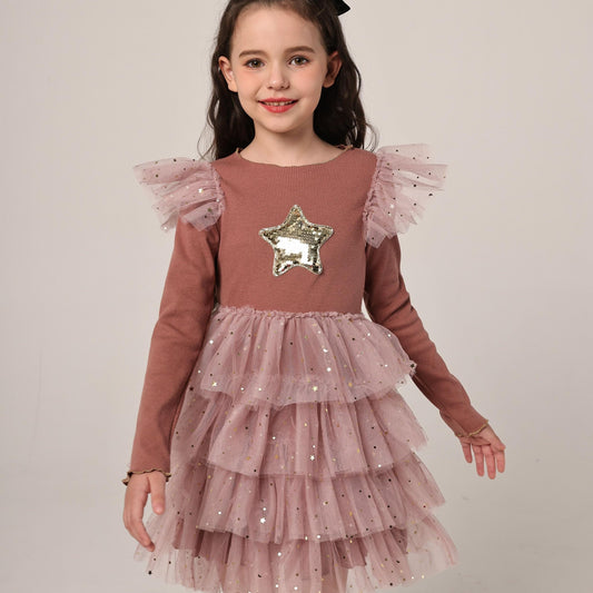 Star Girl Long Sleeve Mesh Tiered Party Tutu Dress Birthday Princess
