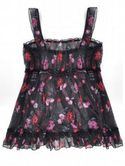 Floral Print Ruffle Trim Mesh Tank Nightdress Women's Plus Size