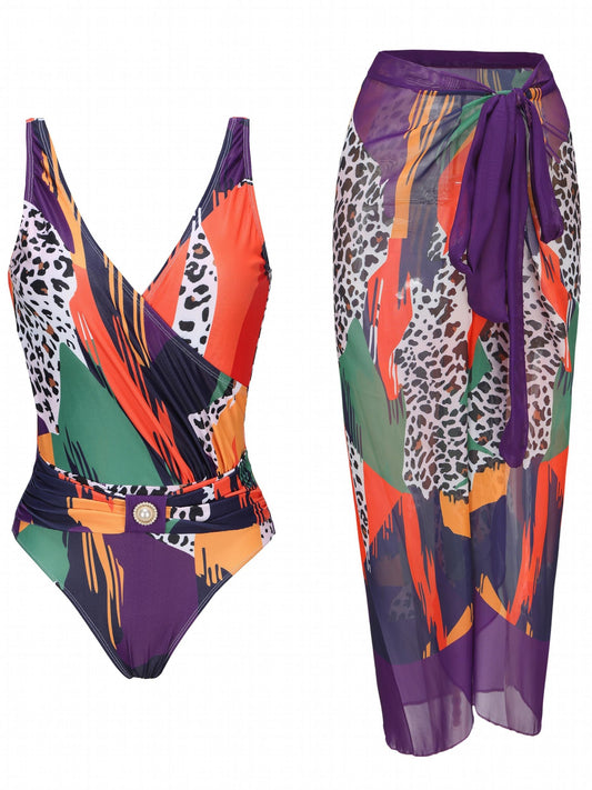 Animal Print Swimsuit Set with Cover Up Skirt