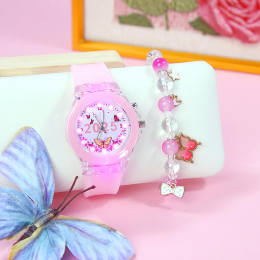 Girls' Quartz Watch & Bracelet Set LED Glow in Dark Butterfly Beads