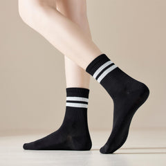 5 Pairs Stripe Print Ribbed Socks Soft Mid Tube Women's Stockings