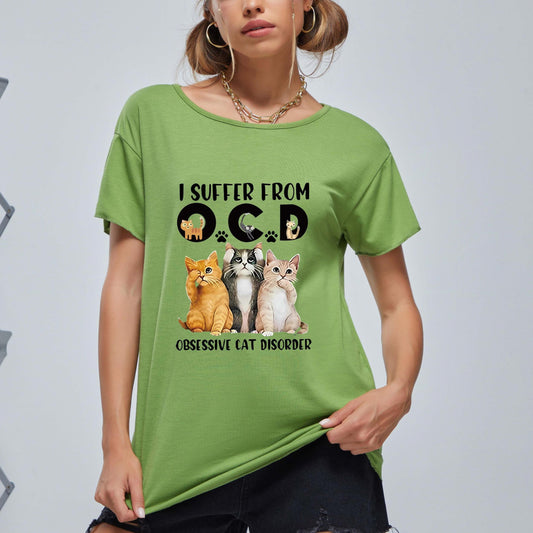 Cat Graphic Casual Tee Round Neck Summer Top Women's Shirts
