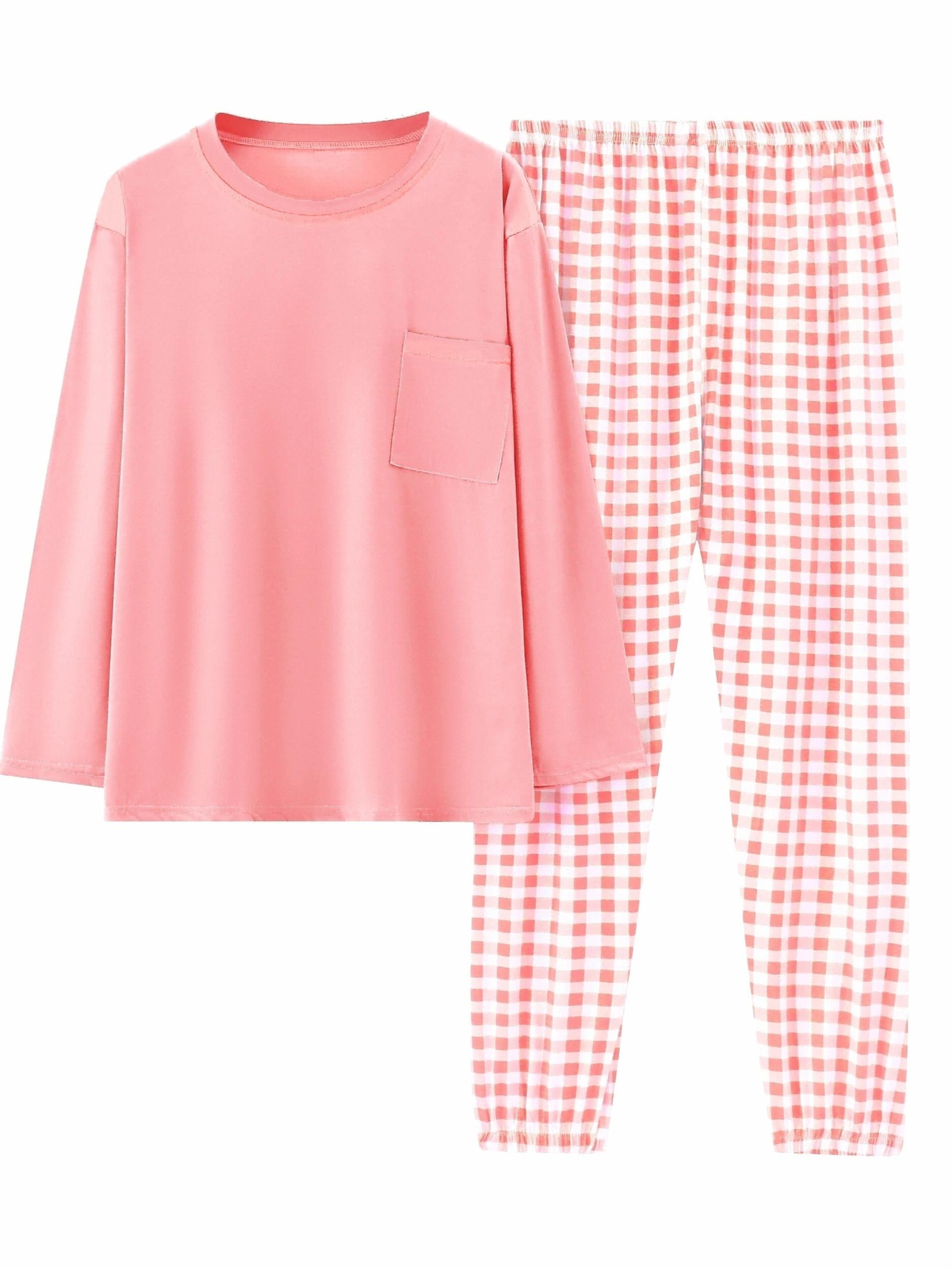  Casual Pajamas Set Long Sleeve Tee & Plaid Pants Loungewear 2pcs