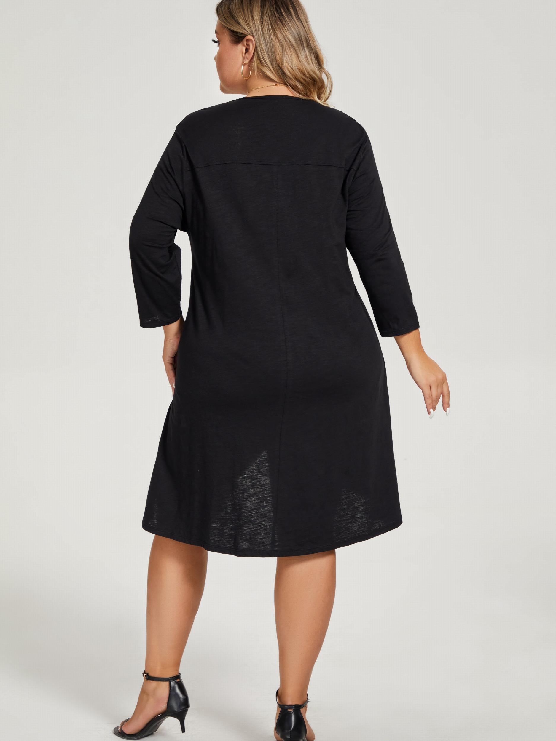 Plus Size Brush Print Zipper V Neck Dress