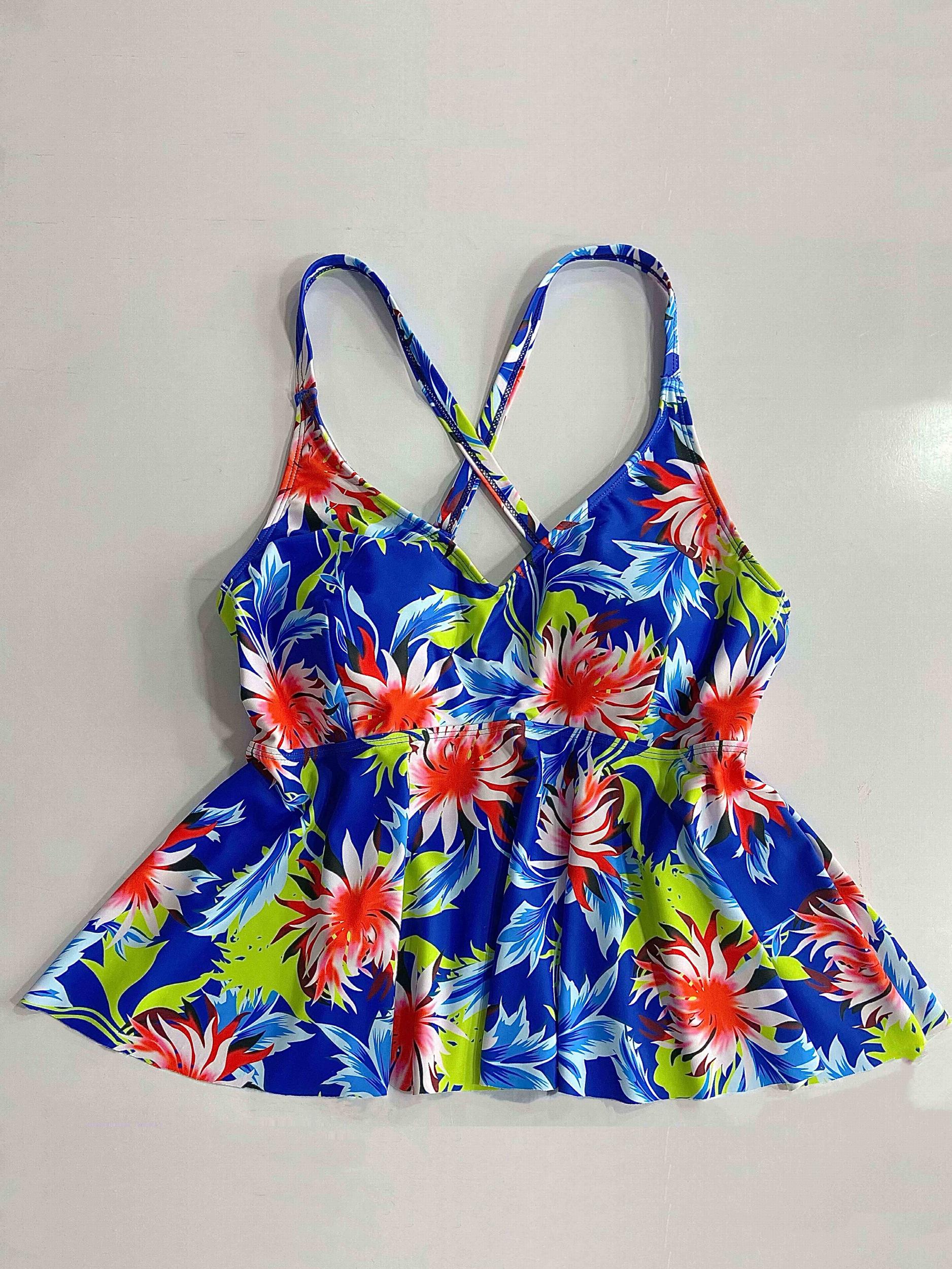 Plus Size Boho Tankini Set V Neck Criss Cross Cami Top & Panty Swimsuit