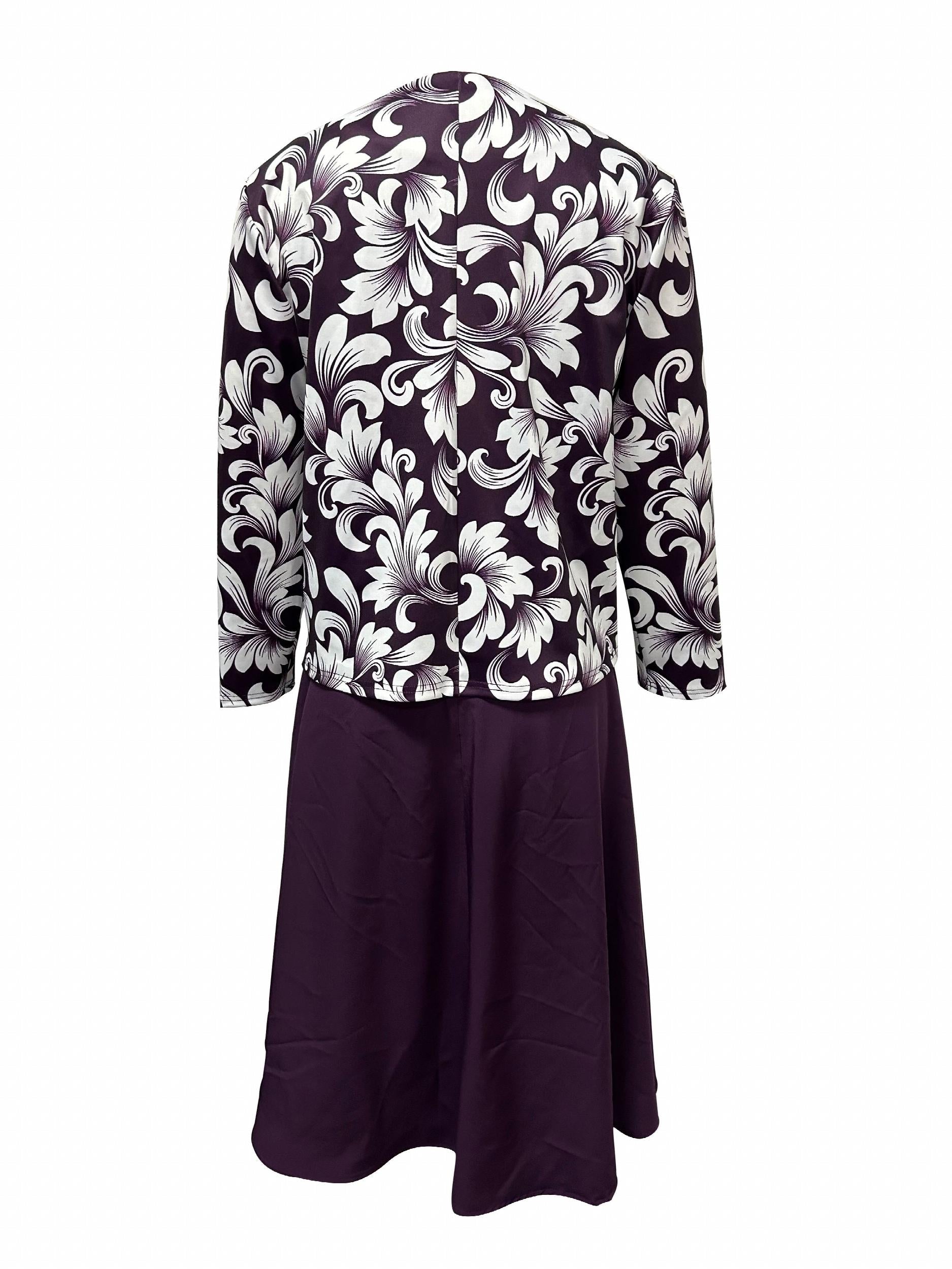 Floral Print 2pc Dress Set Long Sleeve Open Front Top & Block Dress