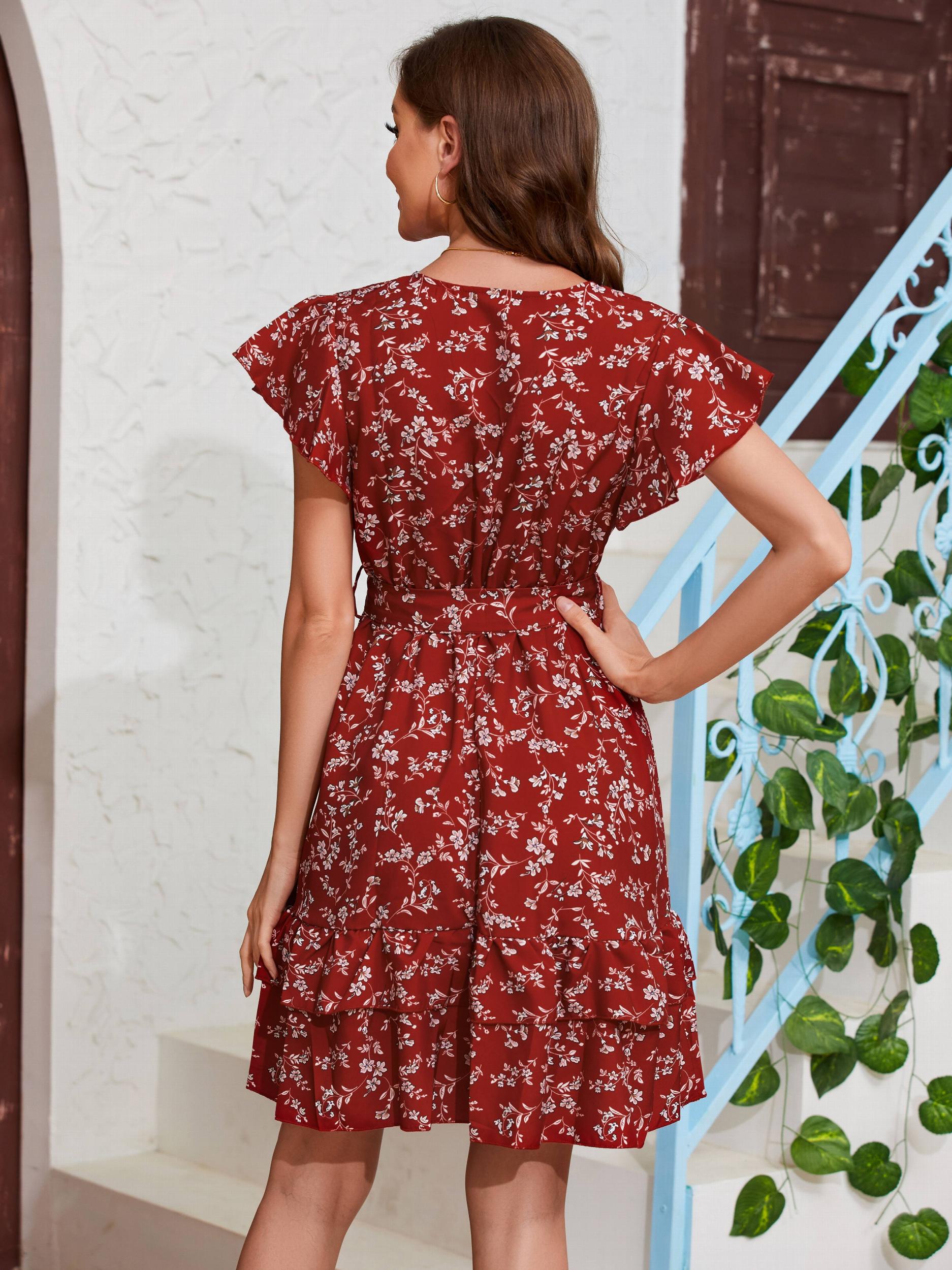 Floral Print Surplice Neck Dress Ruffle Sleeve Belted