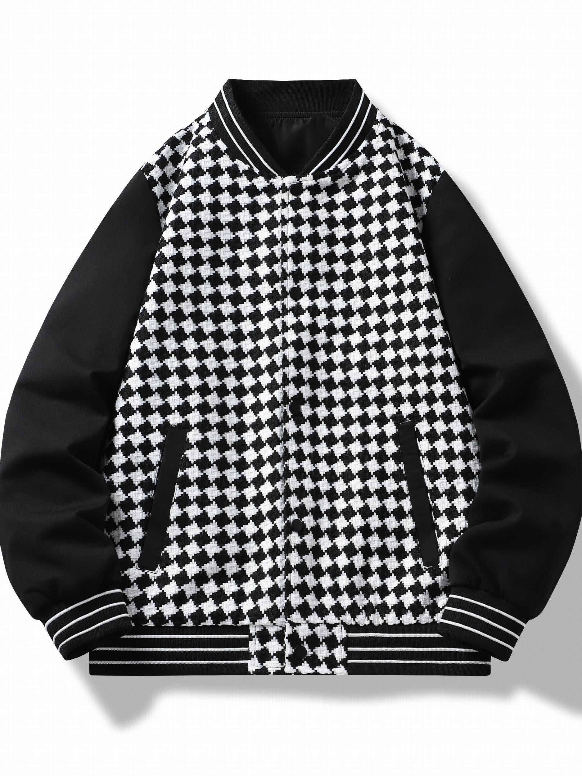 Checkerboard Pattern Varsity Jacket Men's Casual Baseball Collar Button Up Jacke