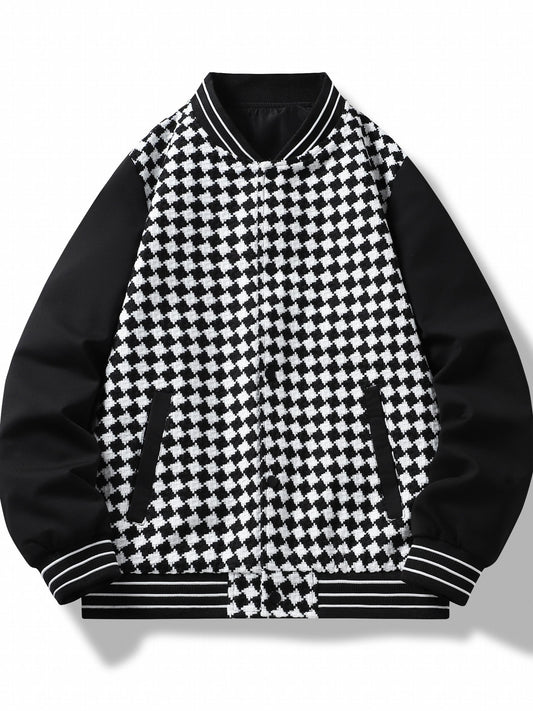 Checkerboard Pattern Varsity Jacket Men's Casual Baseball Collar Button Up Jacke