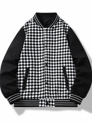 Checkerboard Pattern Varsity Jacket Men's Casual Baseball Collar Button Up Jacke