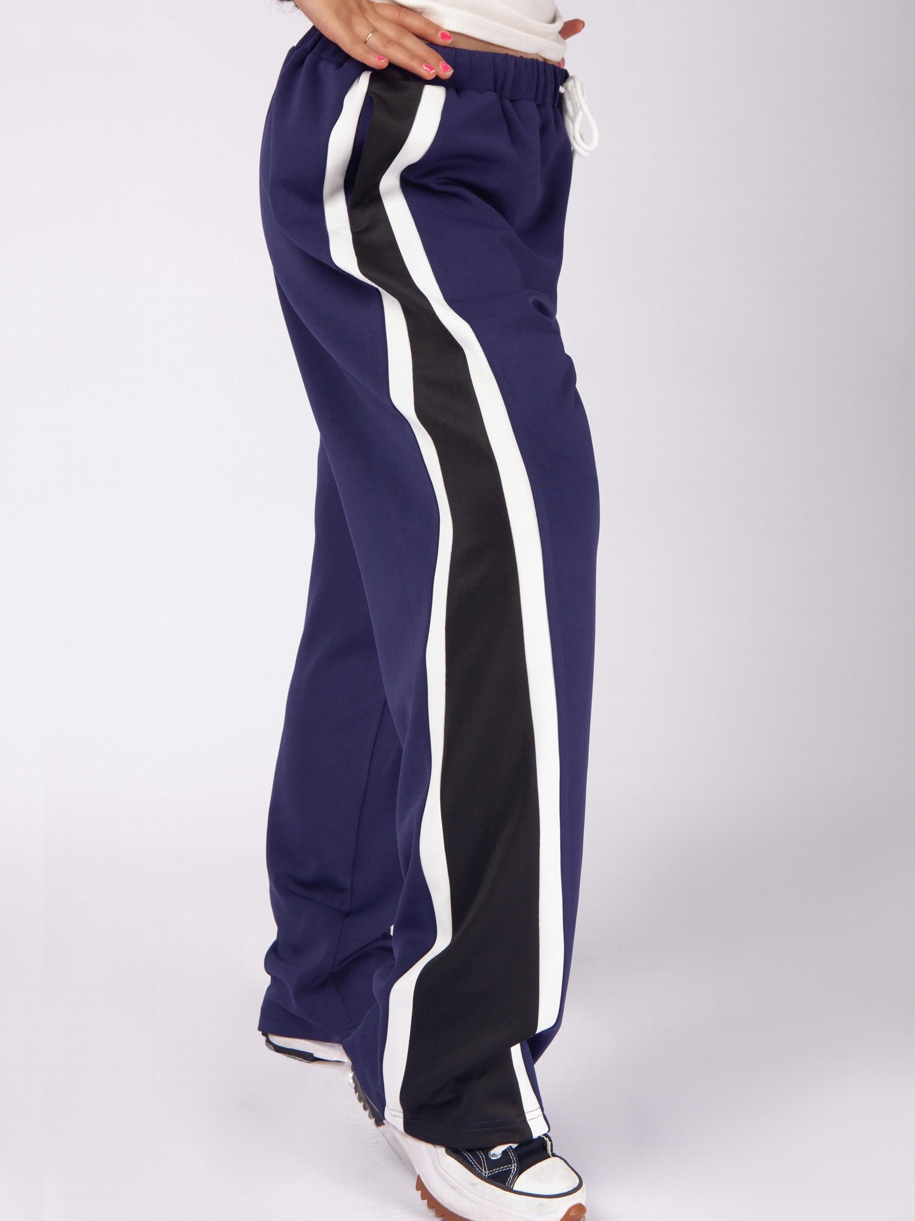  Stripe Print Elastic Drawstring High Rise Wide Leg Pants