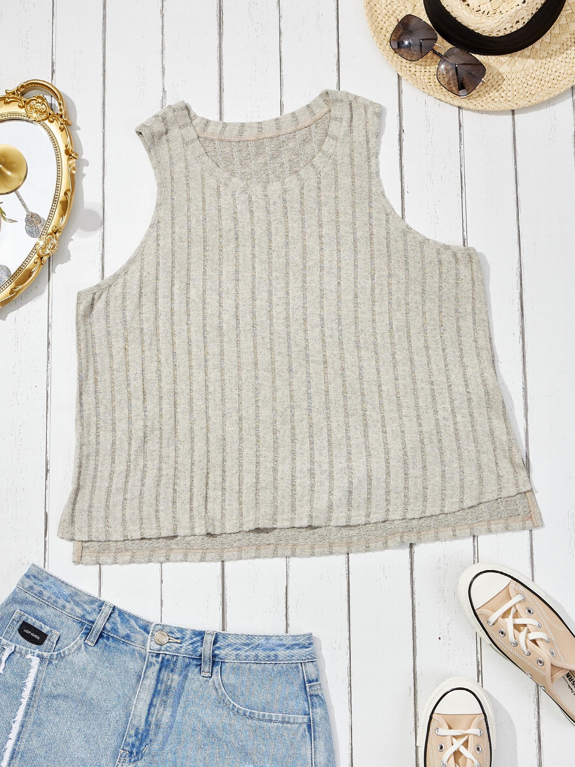  Ribbed Tank Top Solid Color Round Neck Summer Sleeveless Tee