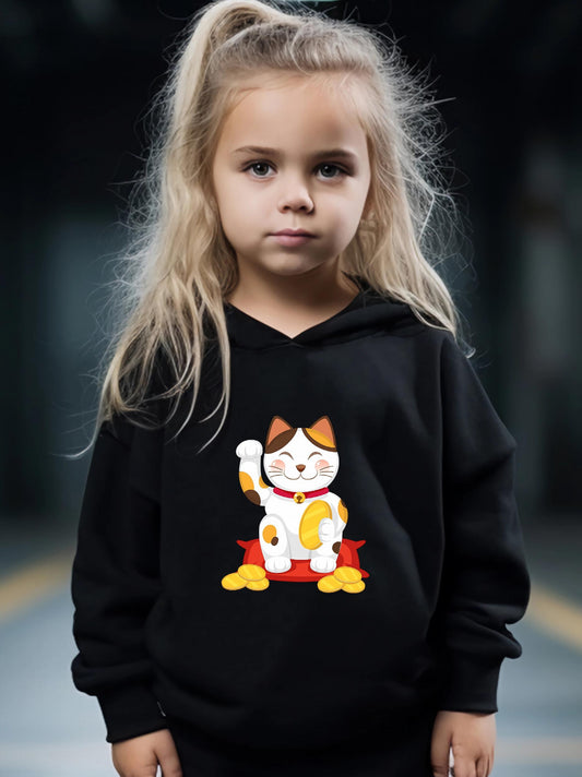 Kids Cartoon Cat Hoodie & Pants Set - Sporty Girl's Outfit