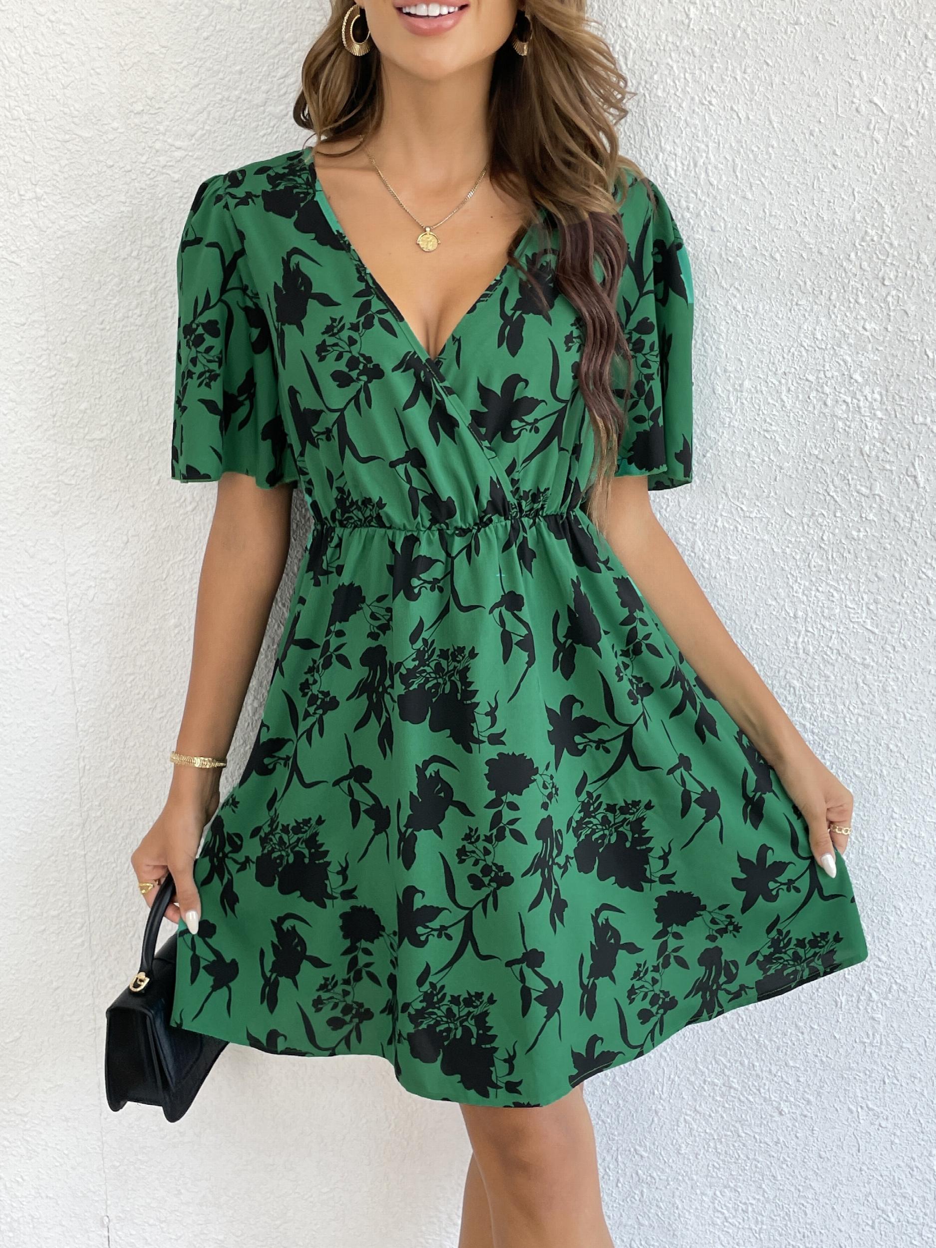 Floral Print Surplice Neck Short Sleeve Dress for Women