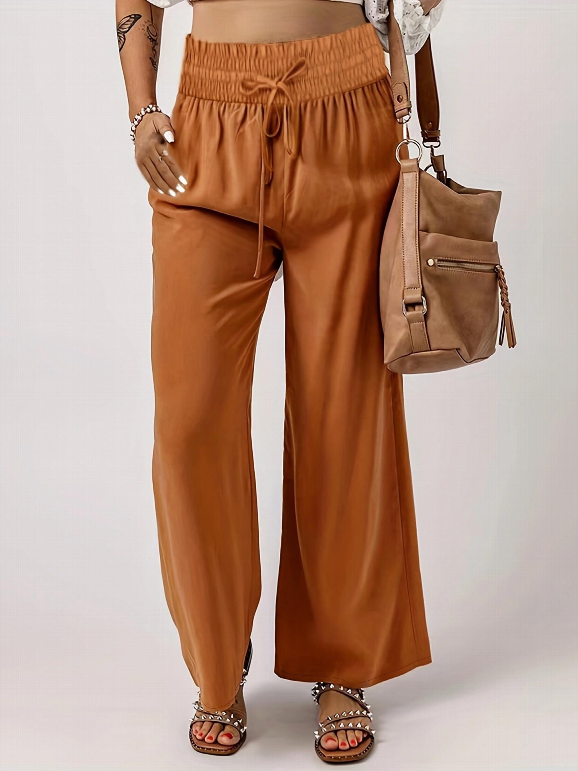  Solid Wide Leg Trousers Elastic Waist Drawstring Casual Pants