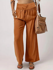  Solid Wide Leg Trousers Elastic Waist Drawstring Casual Pants