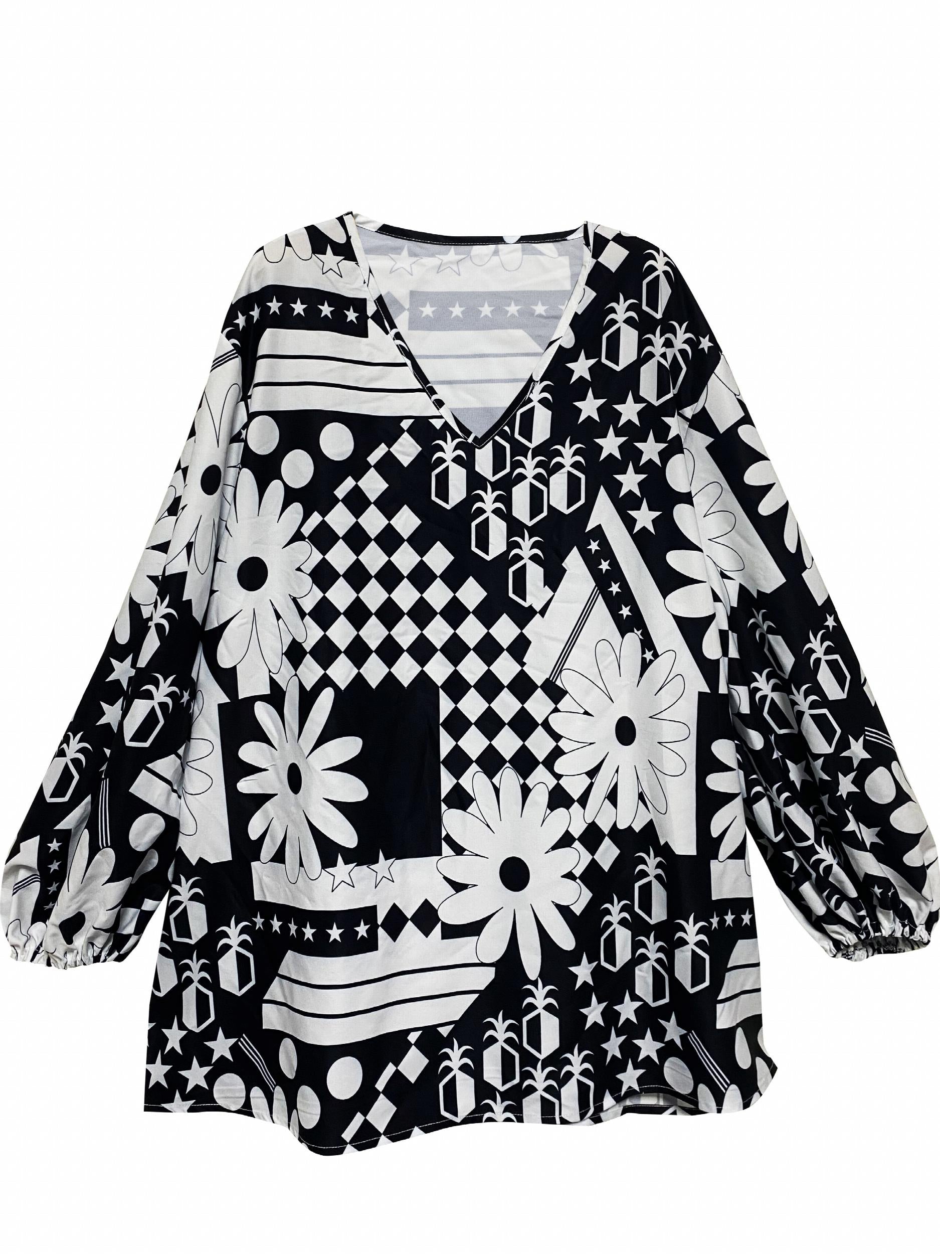  Casual Blouse Women's Plus Random Print Lantern Sleeve