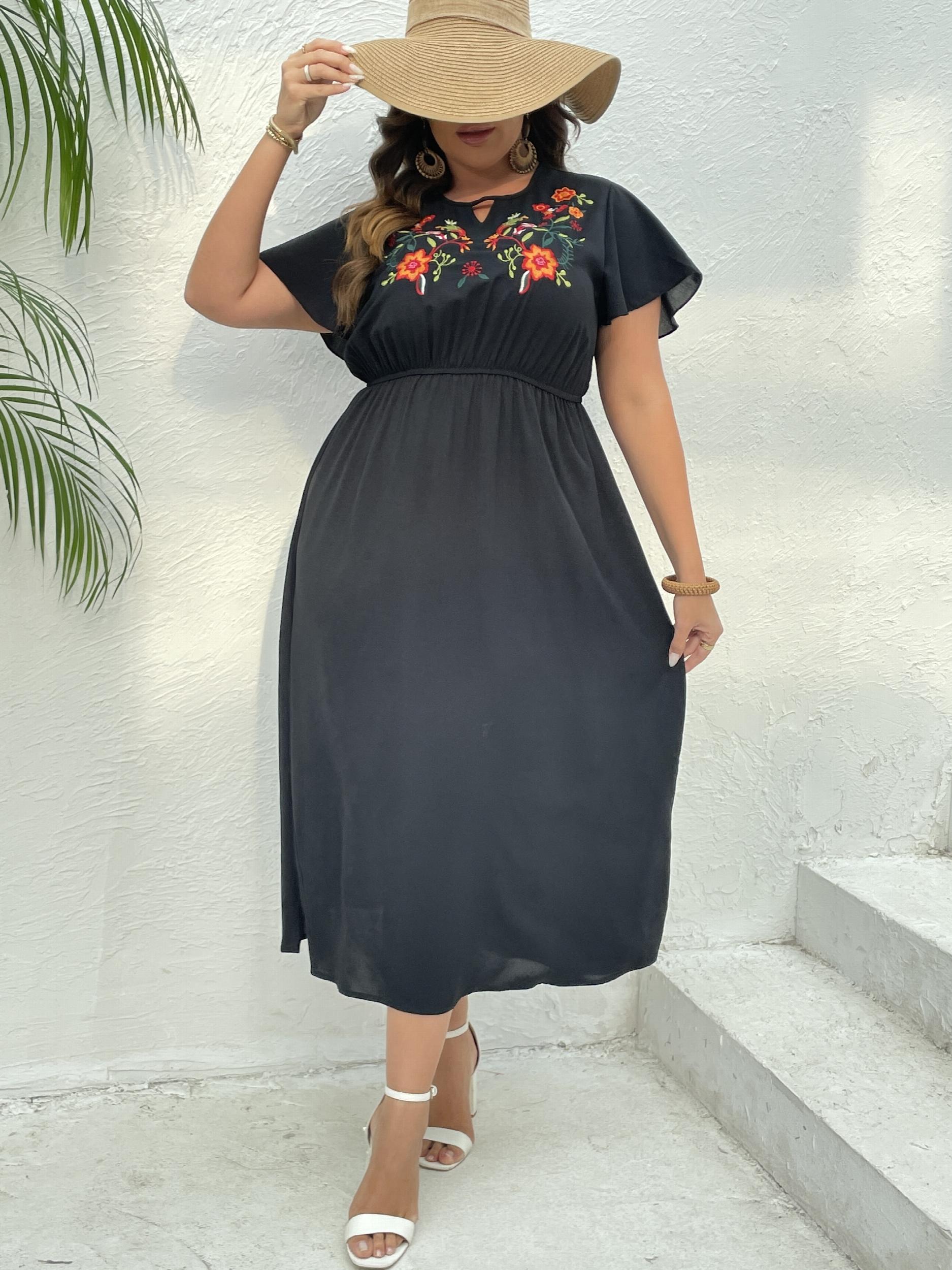 Women's Floral Embroidery Cap Sleeve Dress