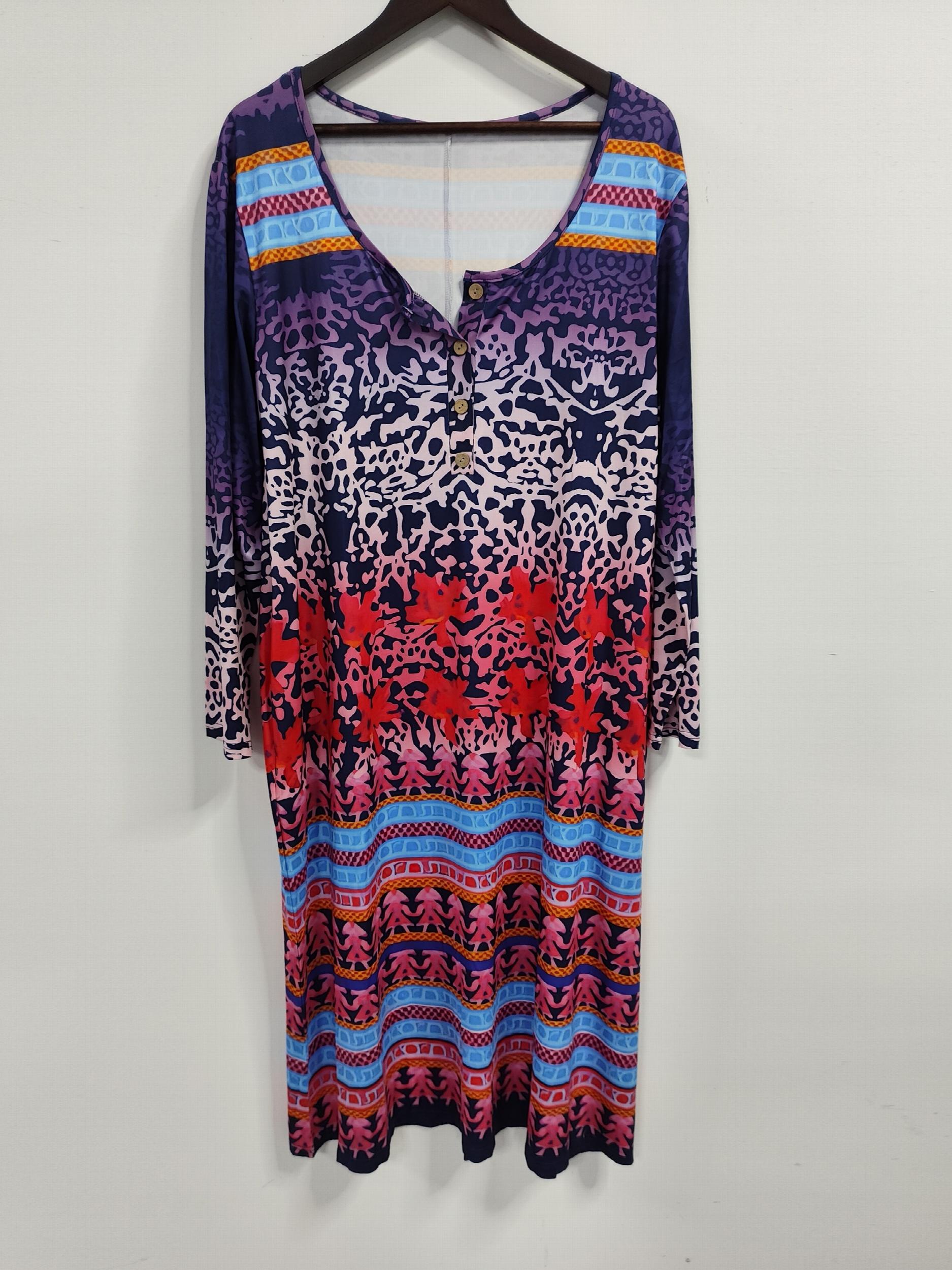  Colorblock Floral Print Button Up Round Neck Dress