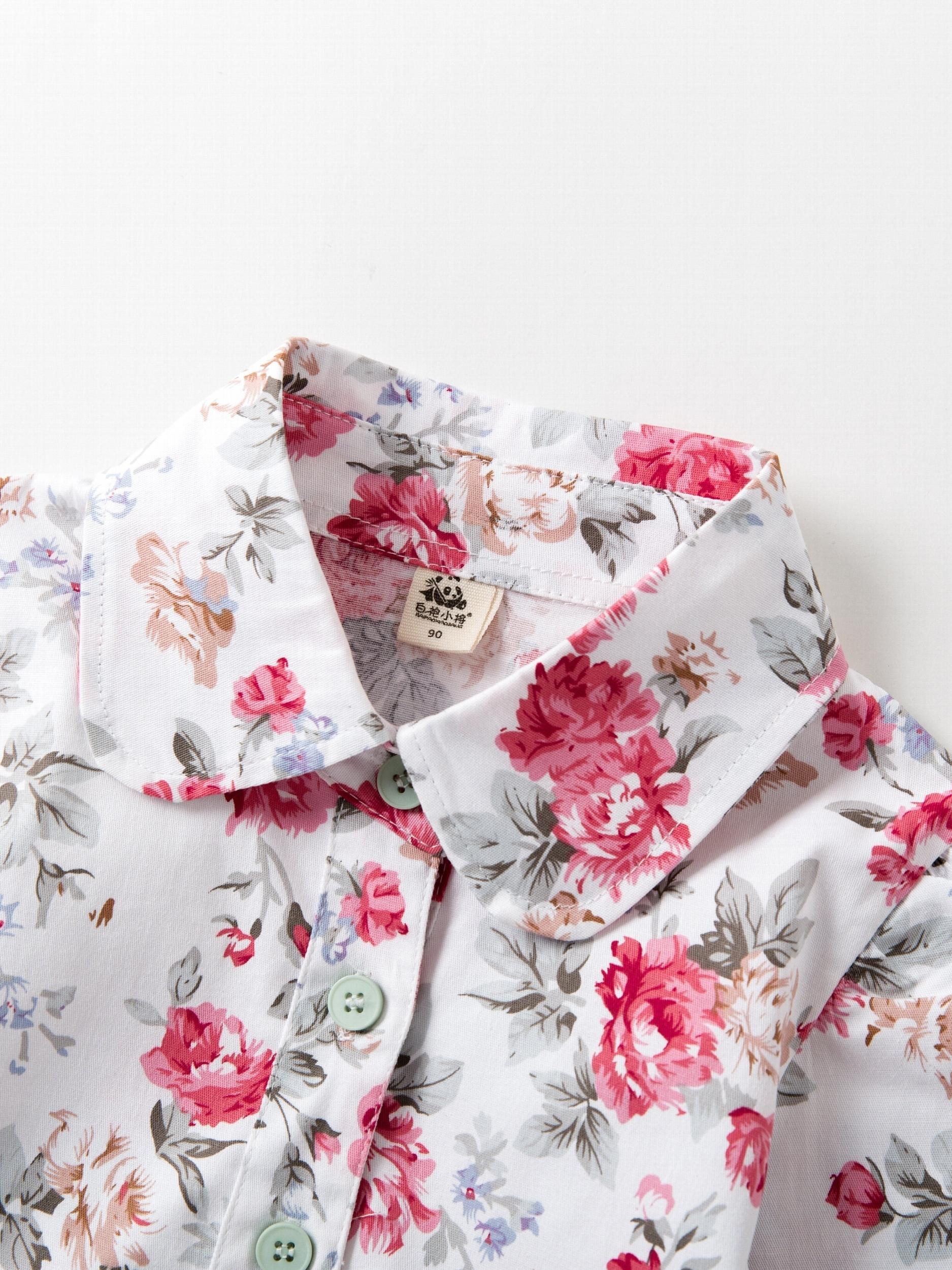 Girls Floral Lapel Shirt Elastic Cotton Top