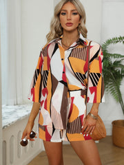 Casual Block 2pc Set Shirt & Drawstring Shorts Outfits Women's Clothing