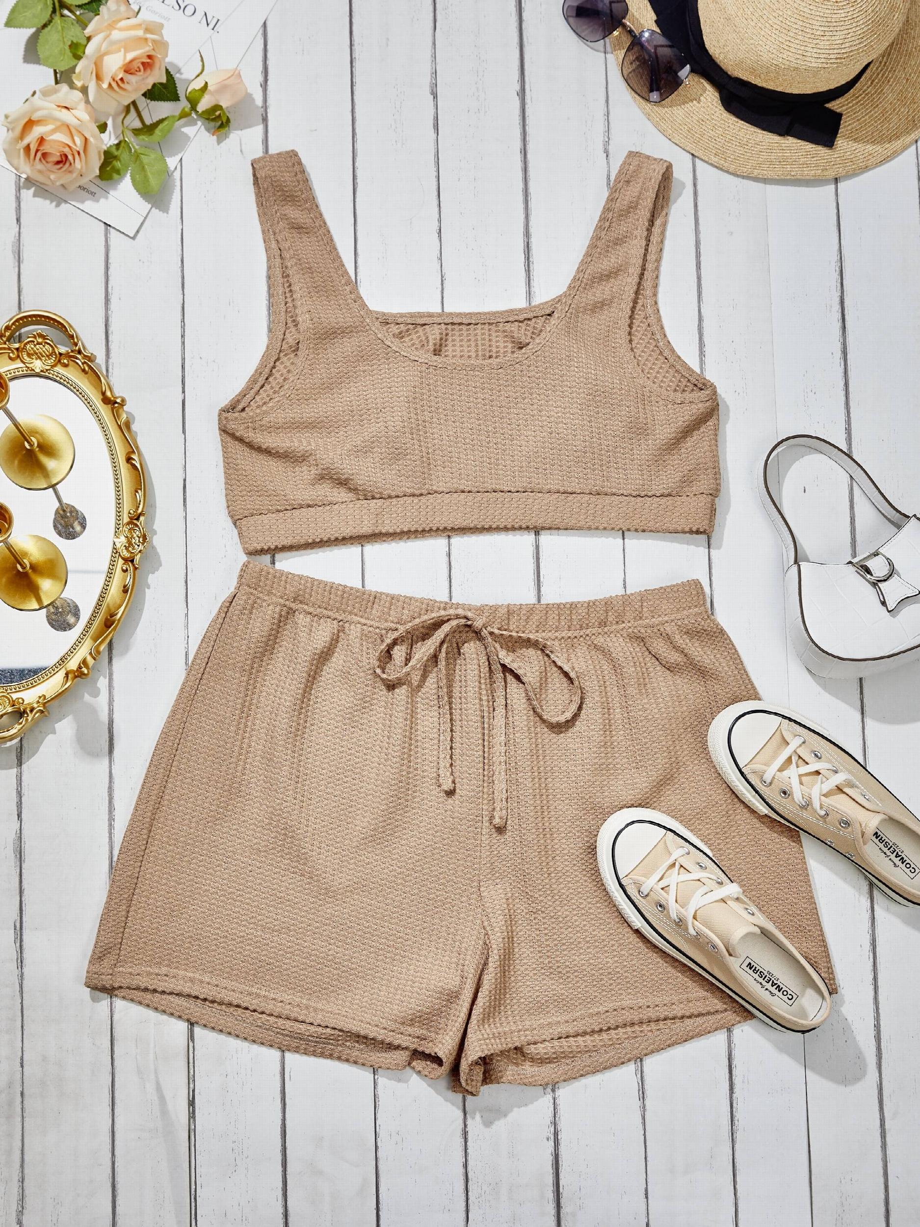  Waffle Sight Crop Tank Top & Drawstring Shorts Set
