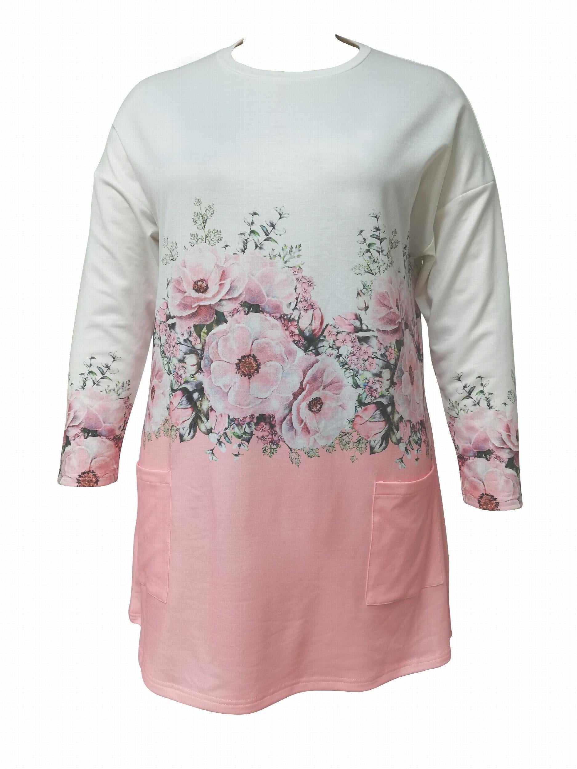 Plus Floral Print Long Sleeve Tee Dress with Pockets