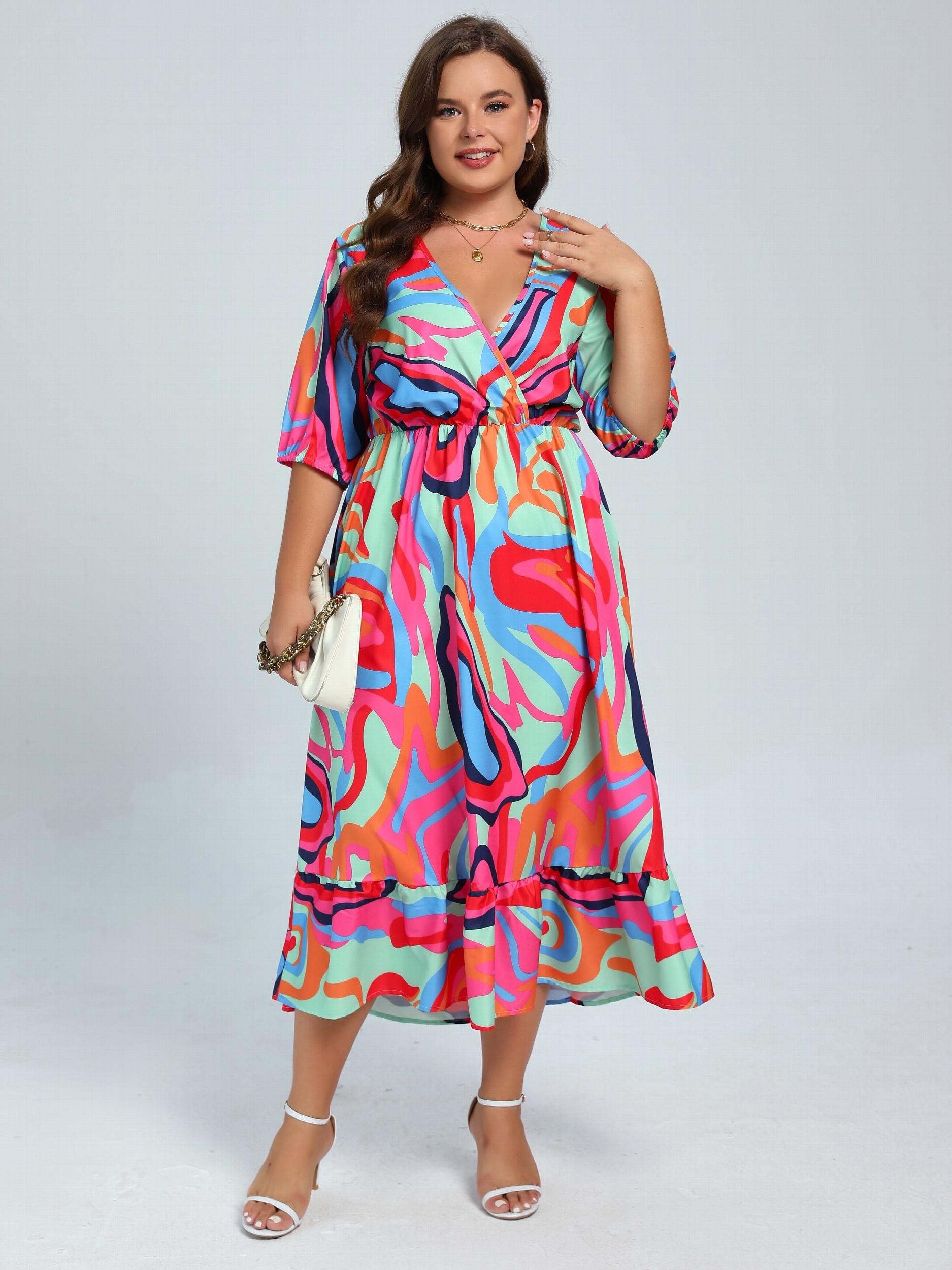 Abstract Print Maxi Dress with Ruffle Trim