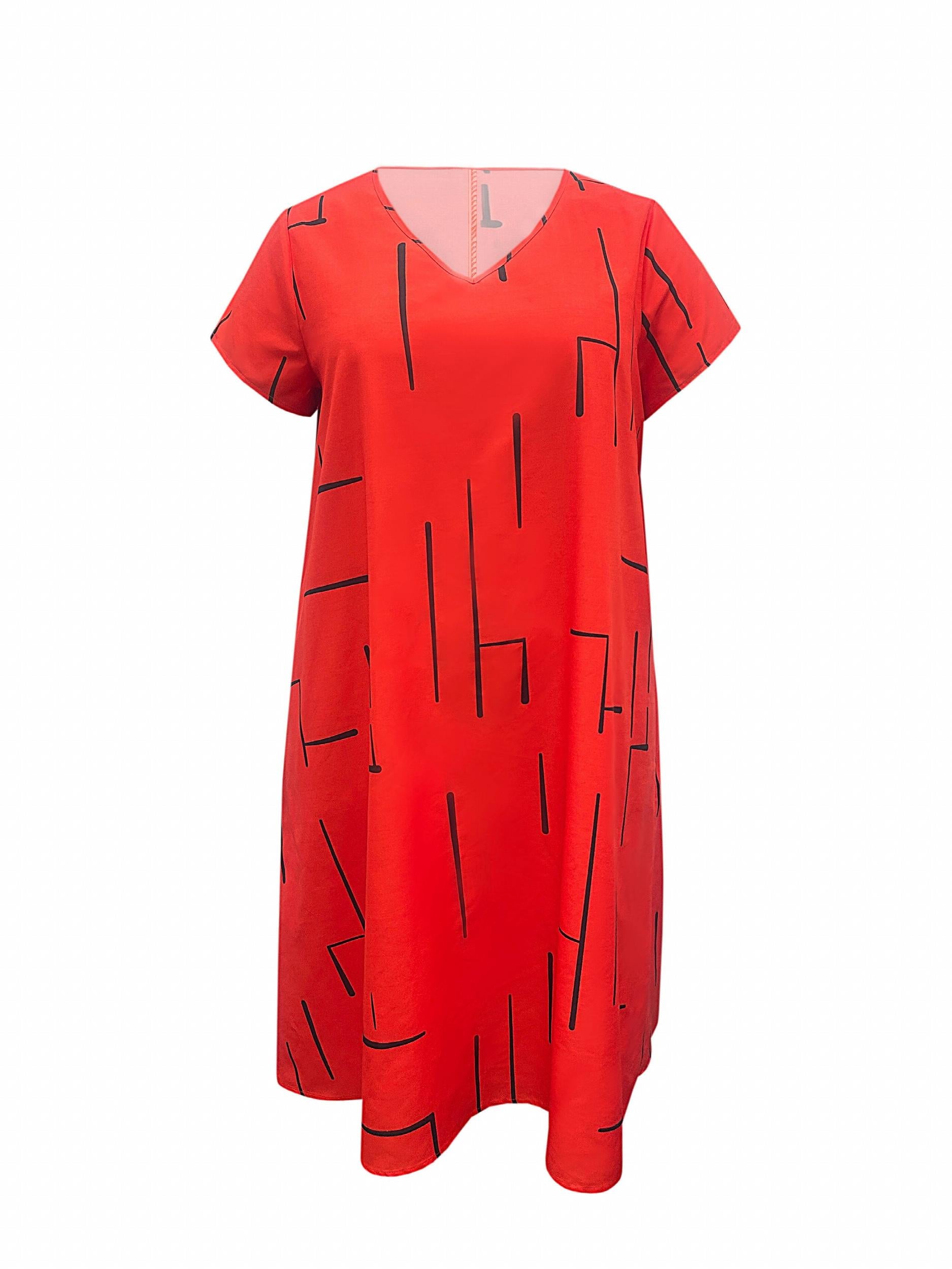  Casual Dress Women's Plus Stripe Print Short Sleeve V Neck