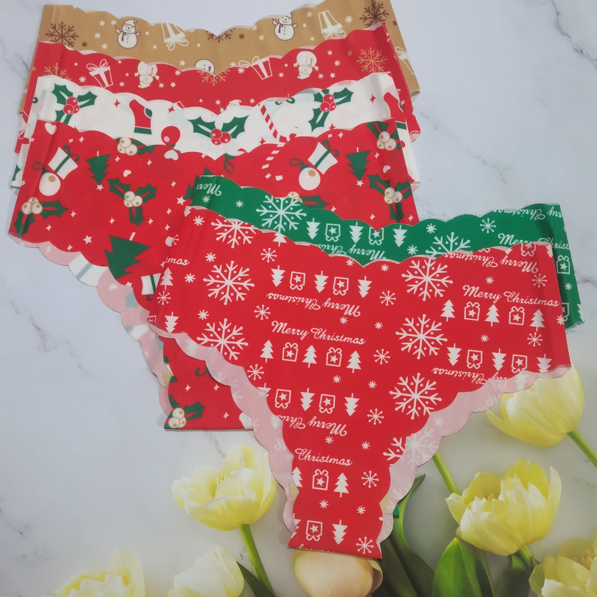 6pcs Christmas Print Briefs Scallop Trim Panties Women's Lingerie
