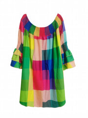  Colorblock Grid Print Shirred Off Shoulder Dress