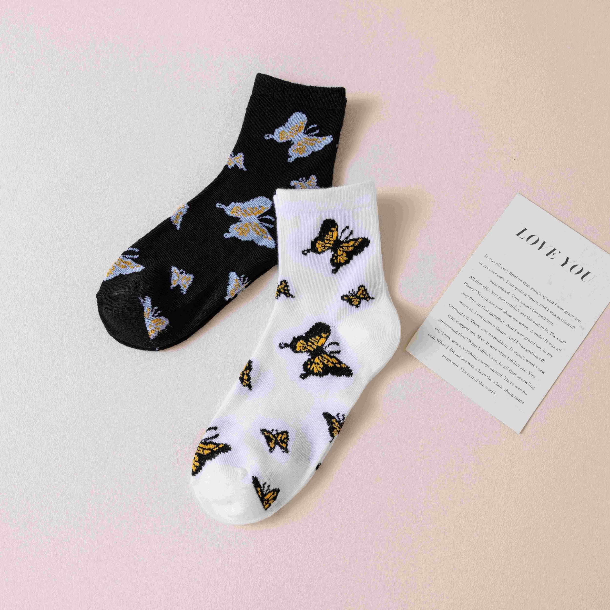 6 Pairs Butterfly Print Socks Comfy & Breathable Mid Tube Women's Stockings