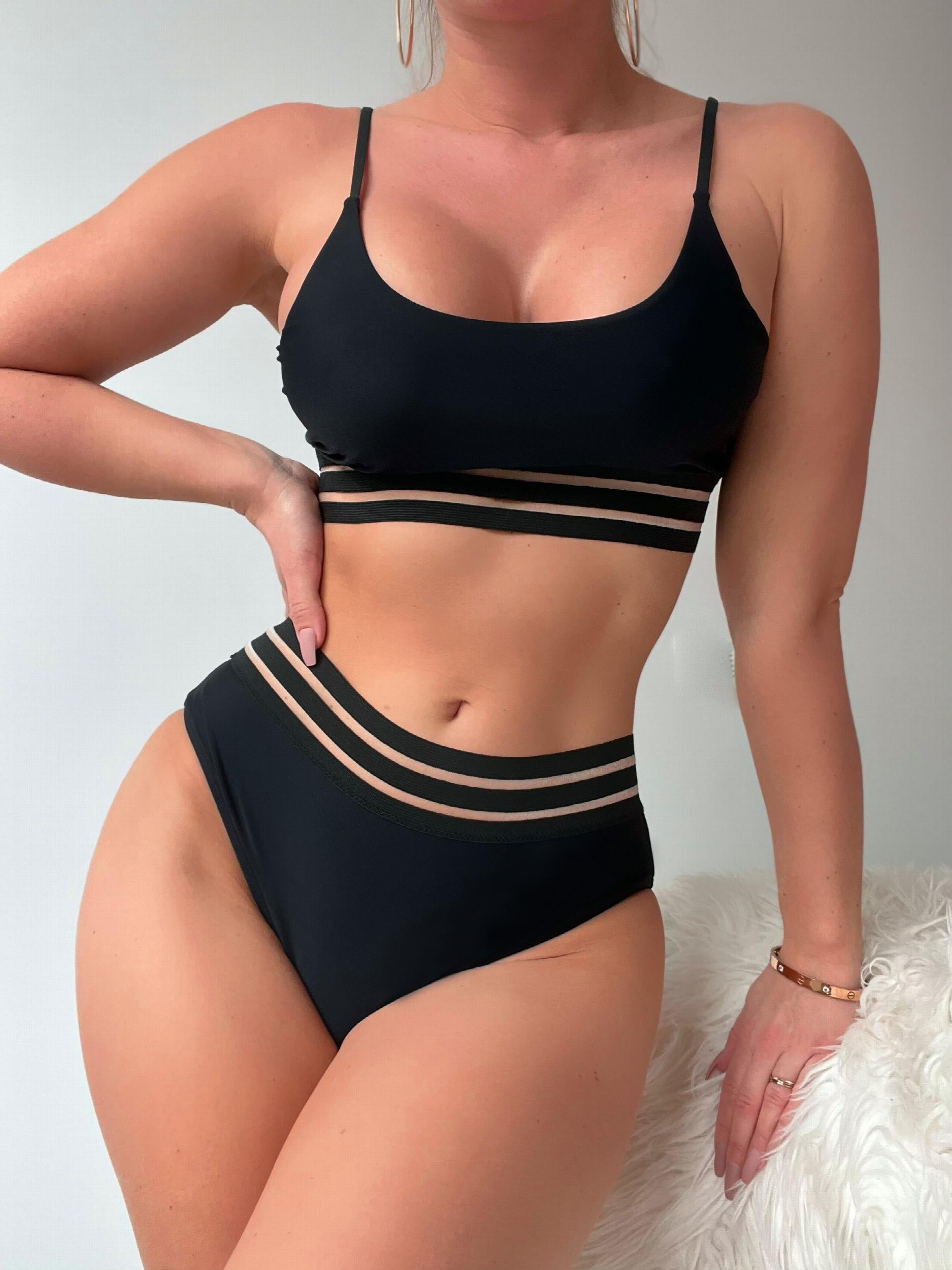 Mesh Contrast Band 2 Piece Bikini High Waist Swimsuit