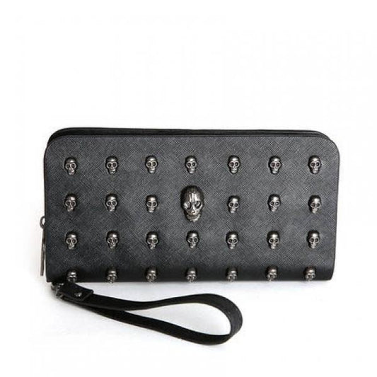 Skull Rivet Wristlet Wallet Long Zip Handbag for Women