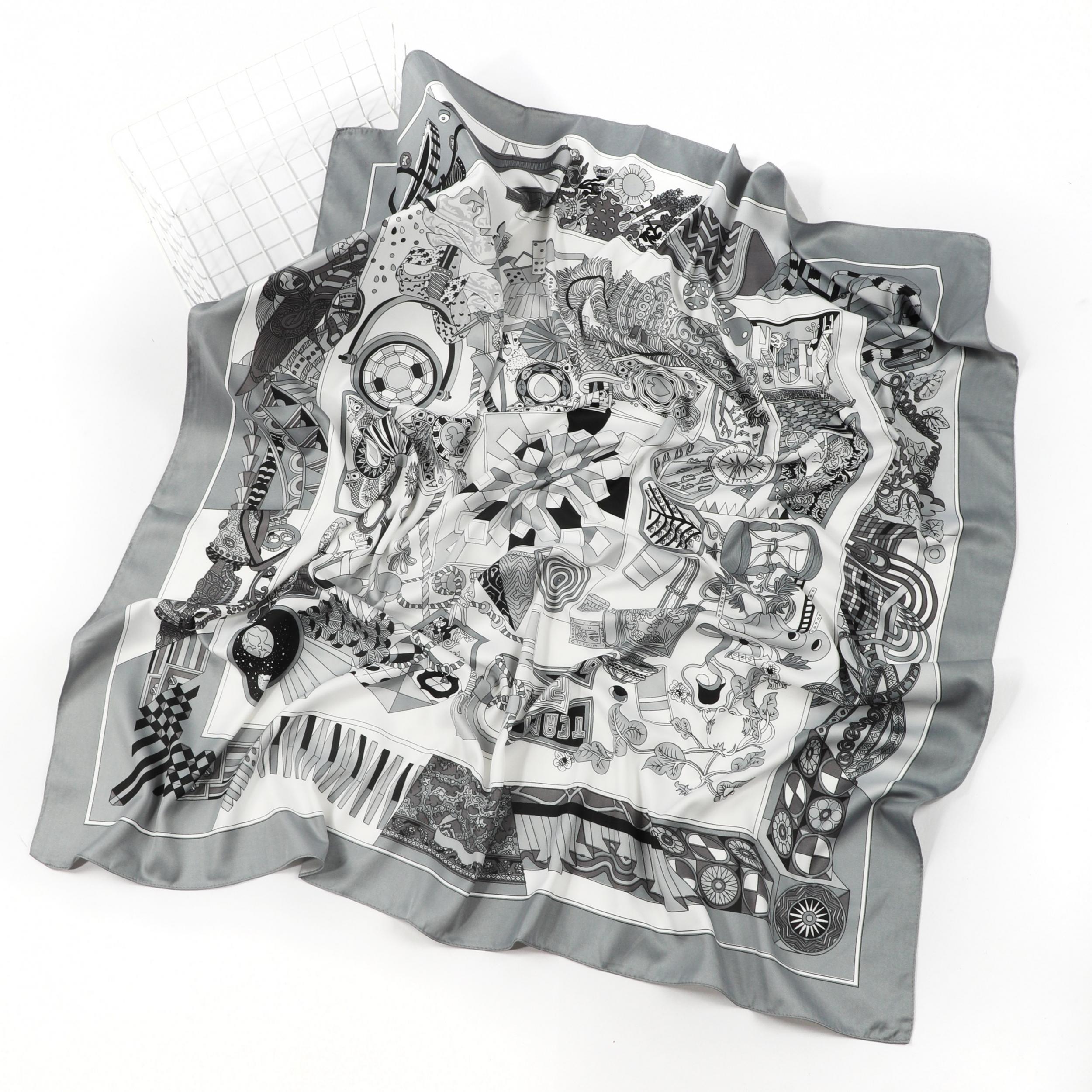 Vintage Floral Print Satin Square Scarf Silk Shawl