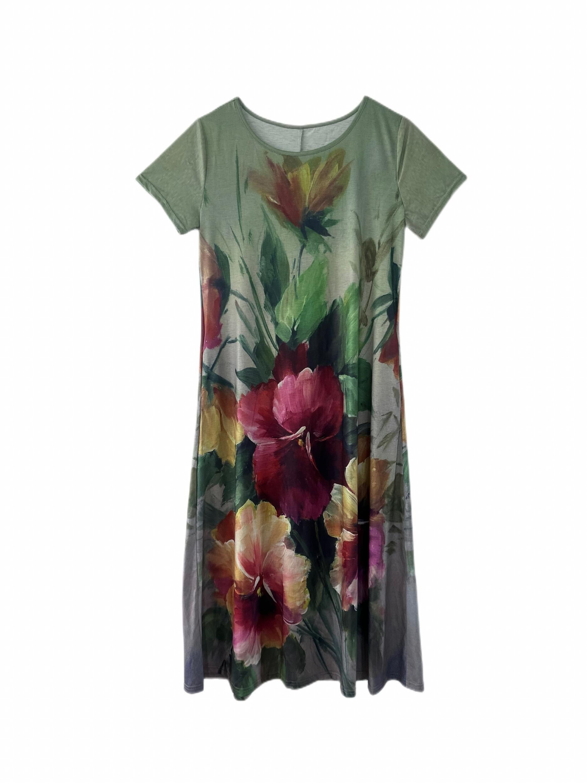  Floral Print Short Sleeve Maxi Dress With Pockets