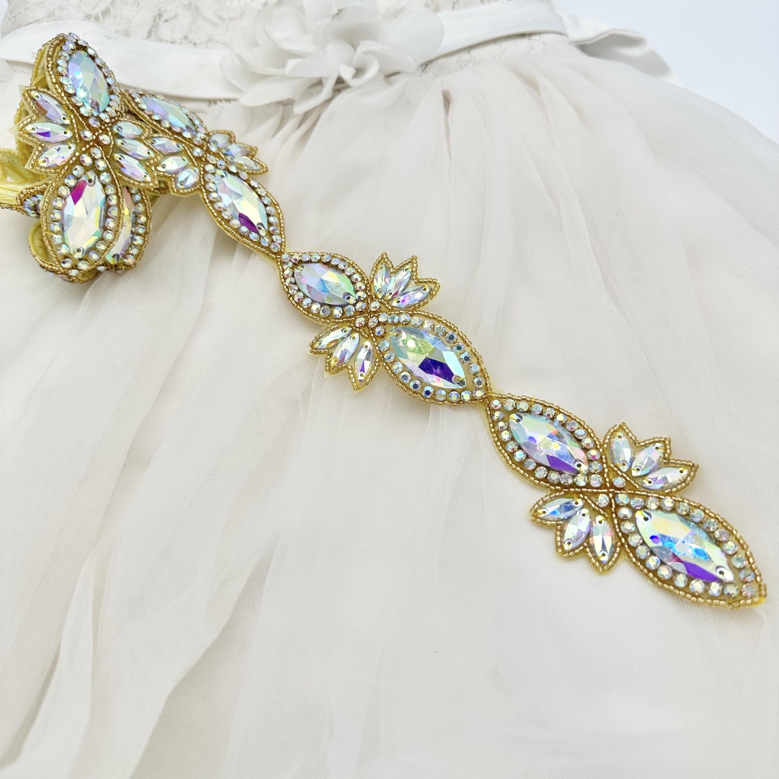 Elegant Glass Buckle with Golden Leaves and Crystal Beads